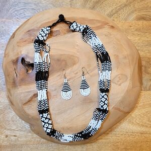 Handmade Black & White Beaded Necklace with Matching Earrings From South Africa